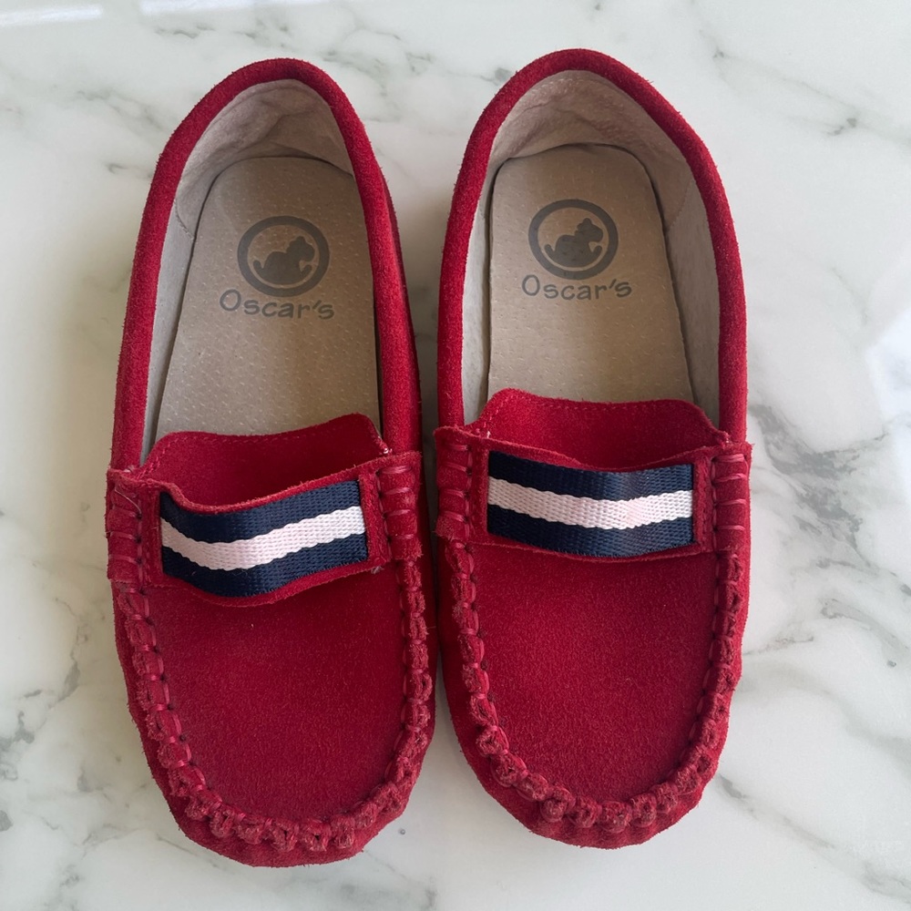 Oscar’s red suede kids driving loader with grosgrain ribbon detail
